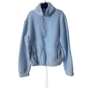 Light Blue No Boundaries Fuzzy Sherpa Pullover Jacket With Half-Zip & Drawstring